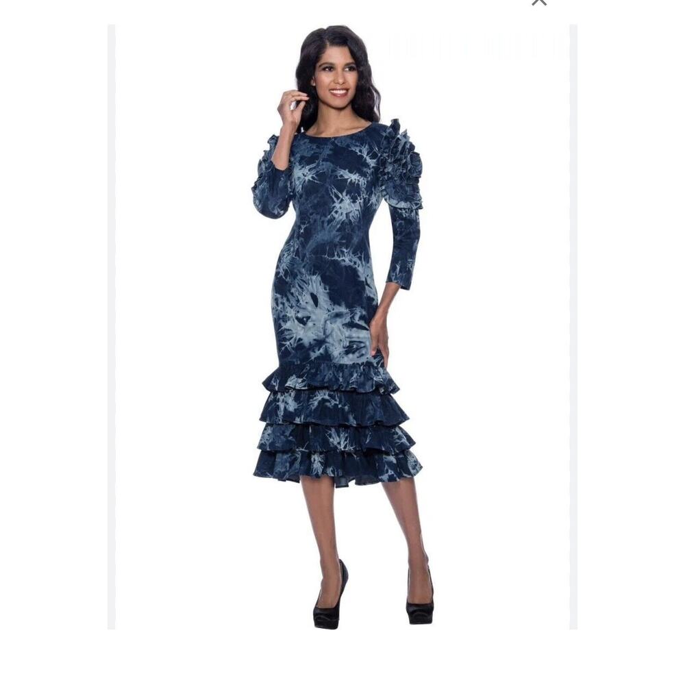 Devine Sport NY Womens Blue Denim Tiered Ruffled Dress Midi Tie Dye Plus 18